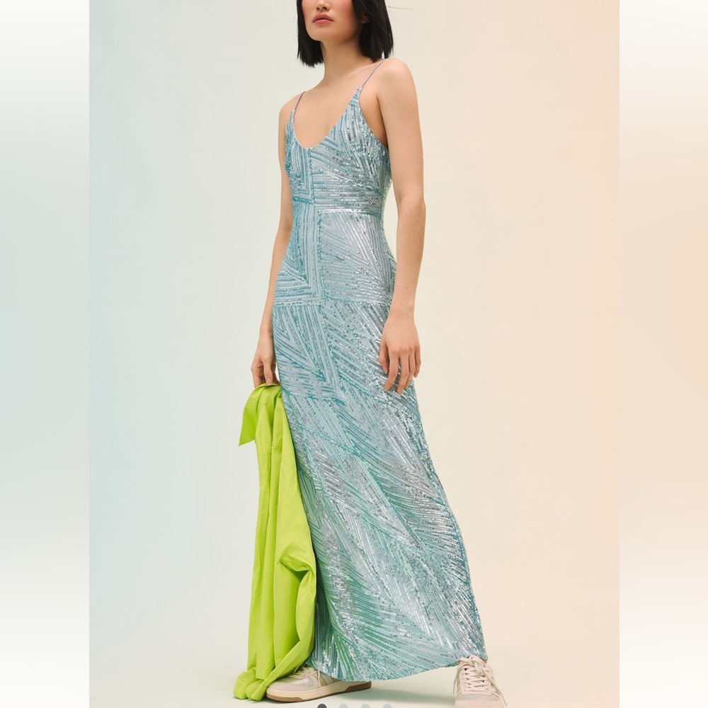 Anthropologie Aqua Sequin Maxi Dress